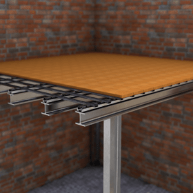 Stahlkonstruktion – Slim Aluunterkonstruktion (liegt vollflächig auf) – U2020-Schiene – Belag: WPC-, Kunststoff- oder Holzdiele