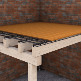 Holzkonstruktion – Slim 20mm oder EVO 40mm Aluunterkonstruktion (liegt vollflächig auf) – U2020-Schiene – Belag: WPC-, Kunststoff- oder Holzdiele